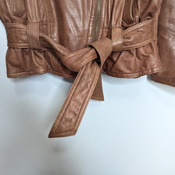Wilsons Leather Adventure Bound Brown Leather Tie Waist Moto Jacket Pockets L - Picture 4 of 12